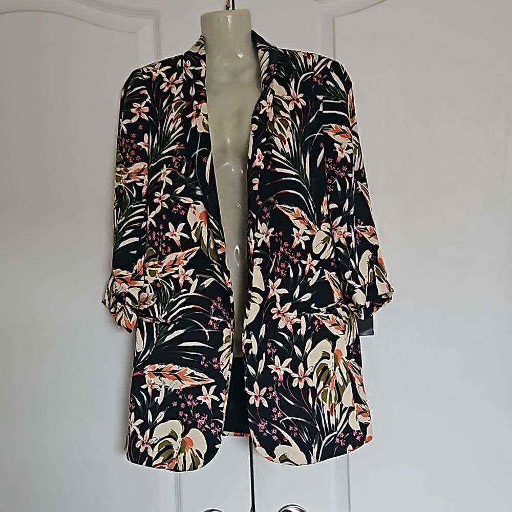 Zara Floral Open Front Blazer XS Black/Cream